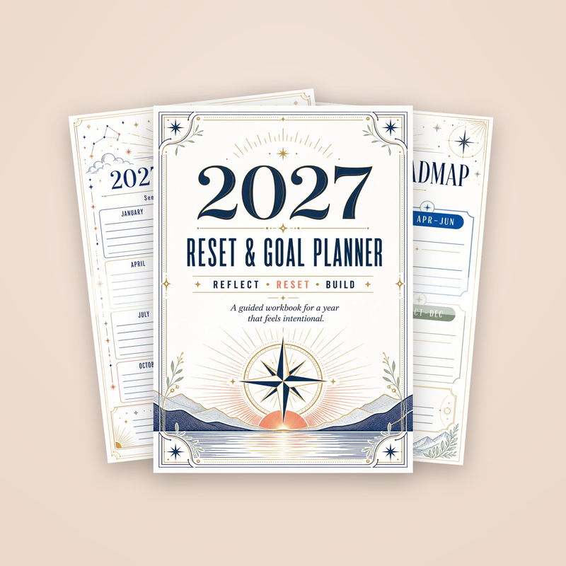 2027 Reset & Goal Planner: the cover page with two sample pages behind it
