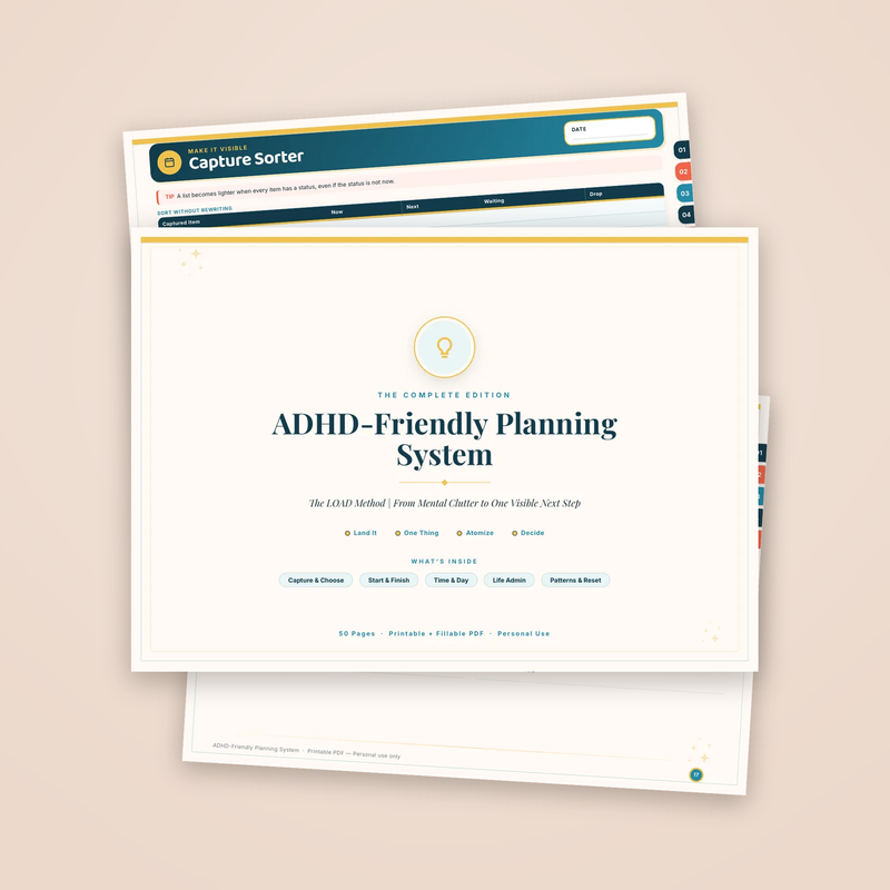 ADHD-Friendly Planning System: the cover page with two sample pages behind it