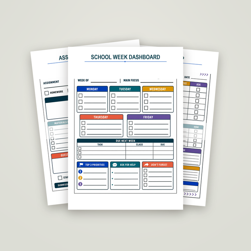 ADHD School Planner: the School Week Dashboard page with two sample pages behind it