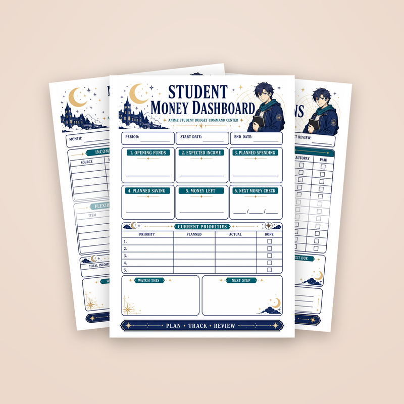 Anime Student Budget Command Center: the Student Money Dashboard page with two sample pages behind it