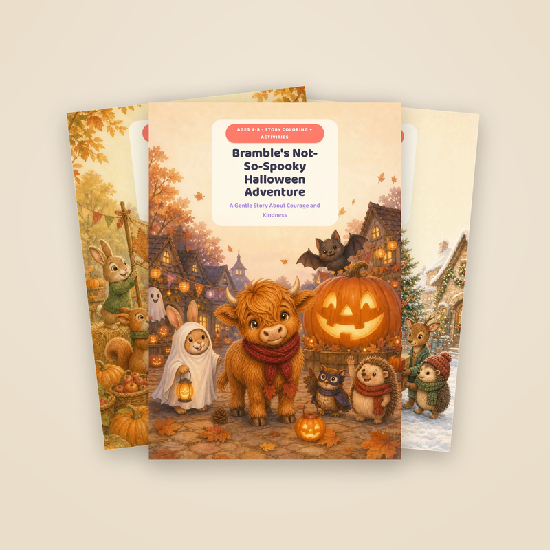 The three Bramble's Cozy Seasons book covers: Bramble's Not-So-Spooky Halloween Adventure, Bramble's Cozy Harvest Festival Adventure, Bramble's Christmas Kindness Adventure