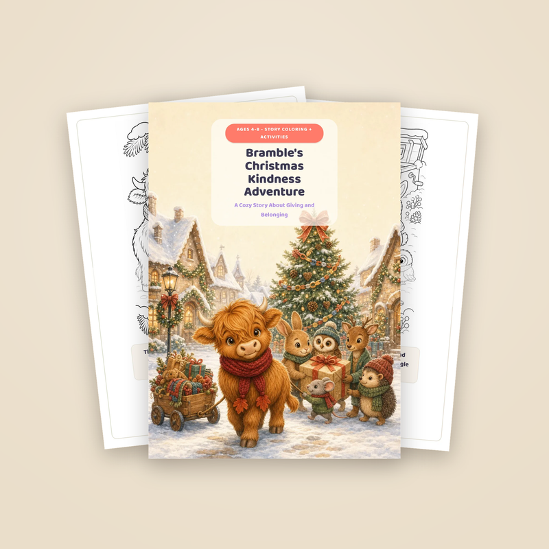 Cover of Bramble's Christmas Kindness Adventure with two sample story pages fanned behind it