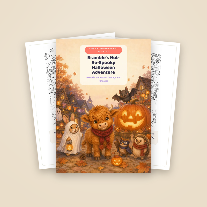 Cover of Bramble's Not-So-Spooky Halloween Adventure with two sample story pages fanned behind it