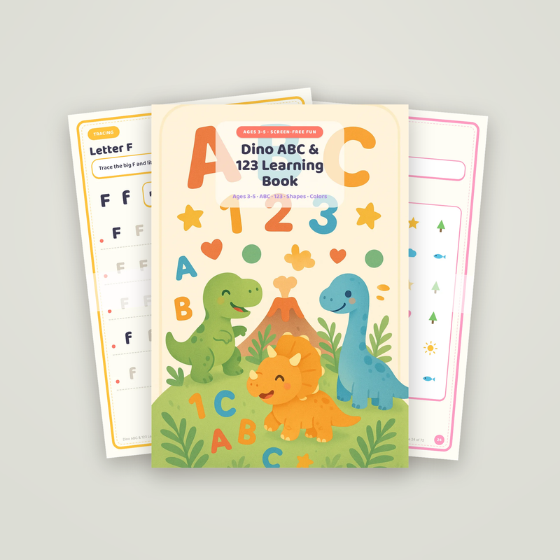 Dino ABC & 123 Learning Book: the cover page with two sample pages behind it