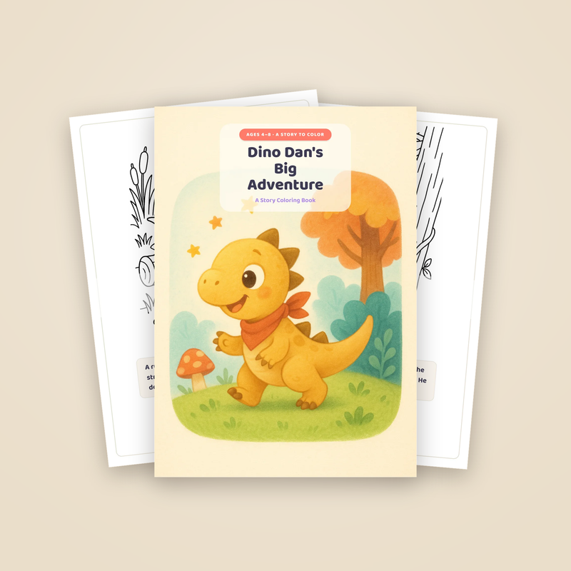Cover of Dino Dan's Big Adventure with two sample story pages fanned behind it
