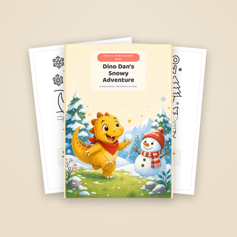 Cover of Dino Dan's Snowy Adventure with two sample story pages fanned behind it