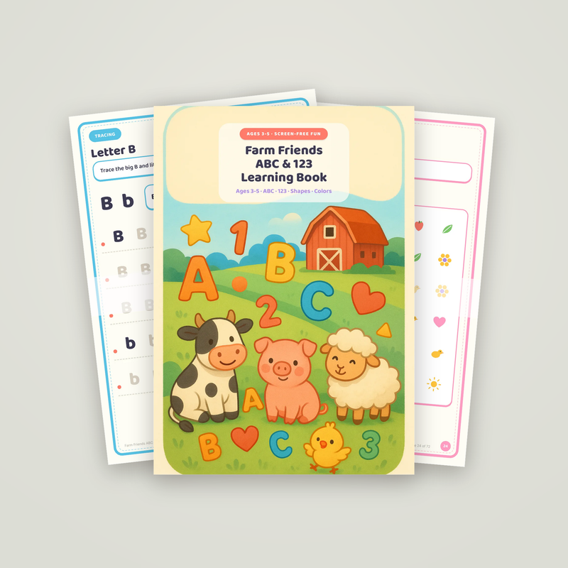 Farm Friends ABC & 123 Learning Book: the cover page with two sample pages behind it