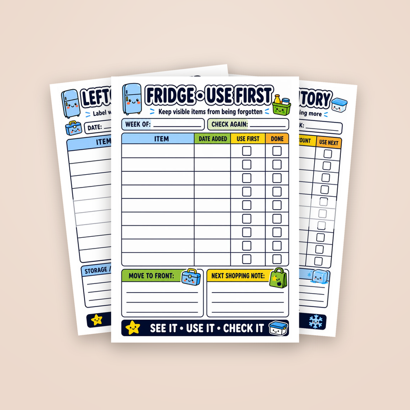 Kawaii Fridge & Freezer Use-First Kit: the Fridge Use-First page with two sample pages behind it