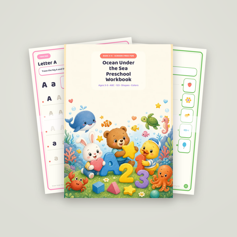 Ocean Under the Sea Preschool Workbook: the cover page with two sample pages behind it