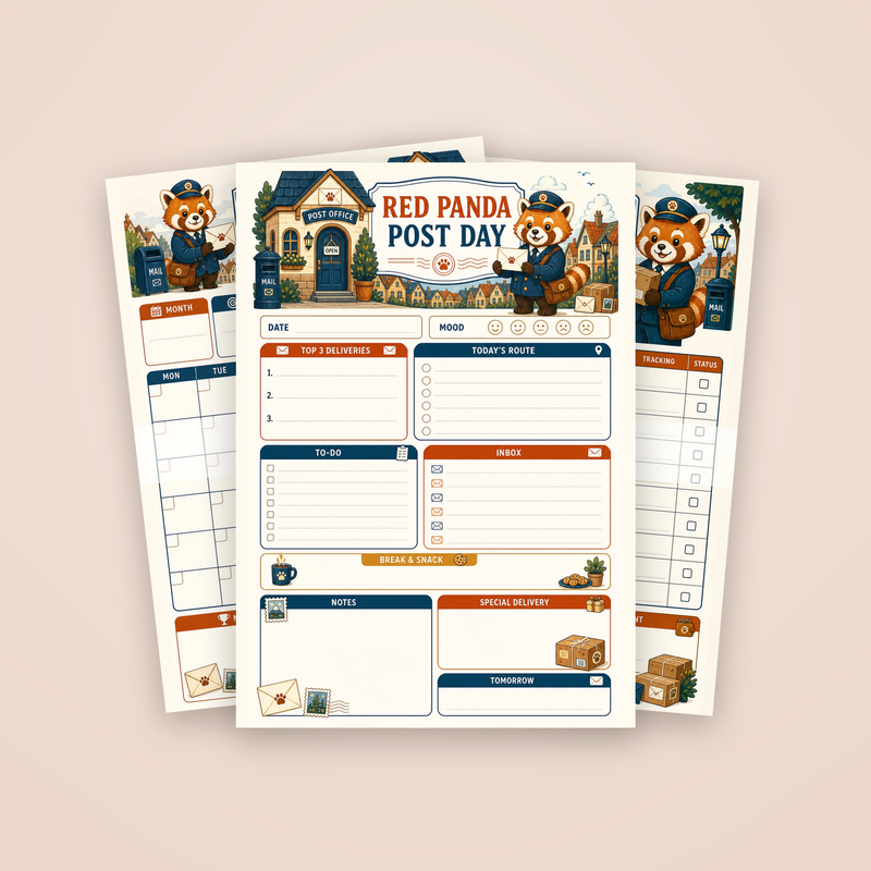 Red Panda Post Daily Planner: the Red Panda Post Day page with two sample pages behind it