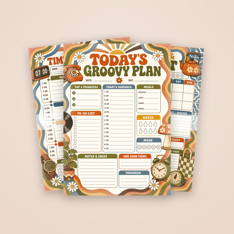 Retro 70s Daily Planner: the Today's Groovy Plan page with two sample pages fanned behind it