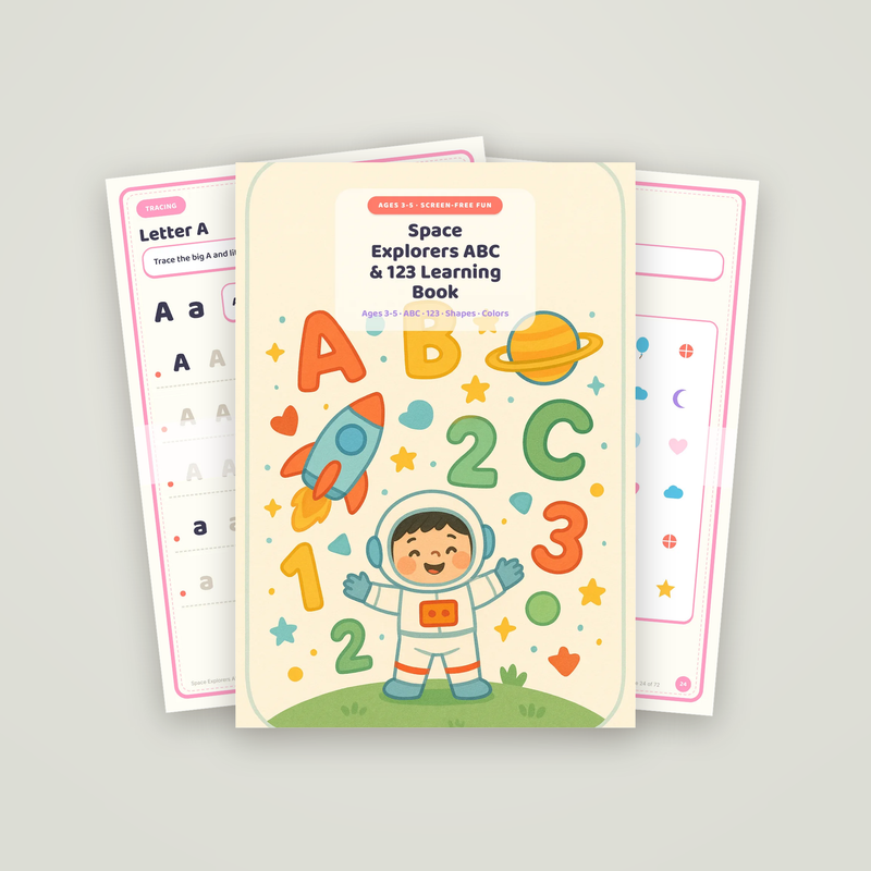 Space Explorers ABC & 123 Learning Book: the cover page with two sample pages behind it
