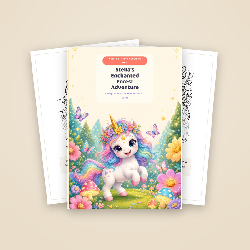 Cover of Stella's Enchanted Forest Adventure with two sample story pages fanned behind it