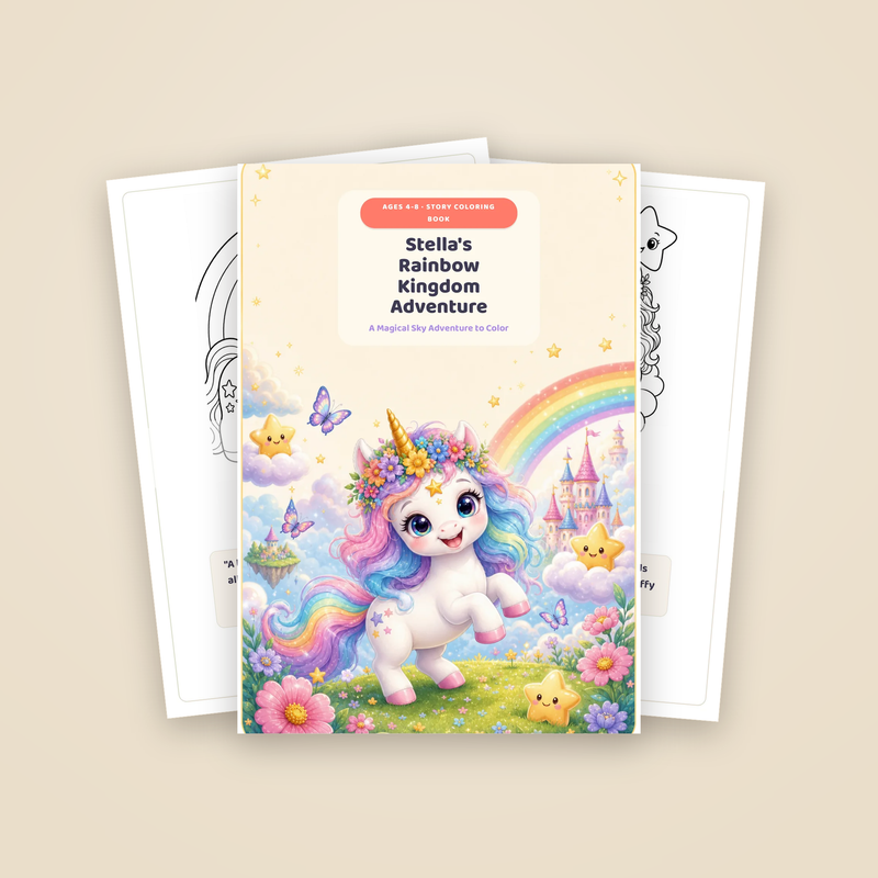 Cover of Stella's Rainbow Kingdom Adventure with two sample story pages fanned behind it
