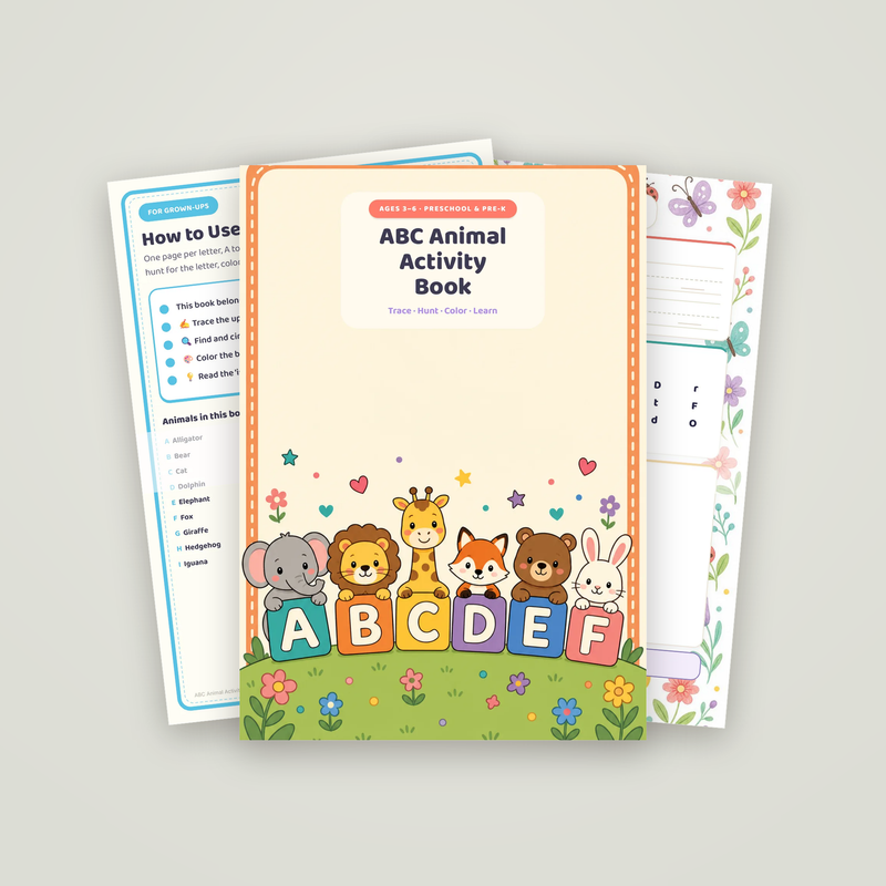 ABC Animal Activity Book: the cover page with two sample pages fanned behind it