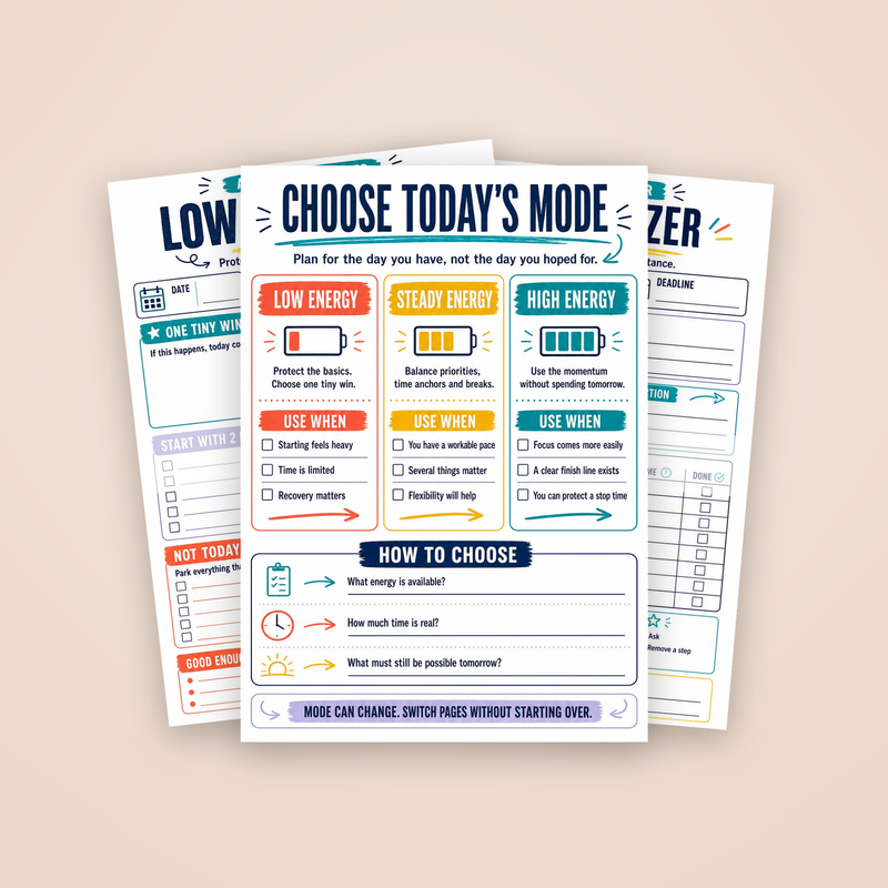 ADHD Daily Reset Planner: the Choose Today's Mode page with two sample pages behind it