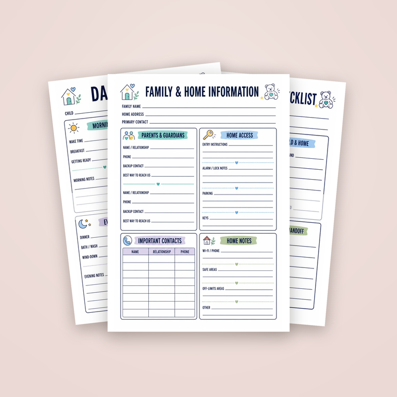 Babysitter & Nanny Handoff Binder: the Family & Home Information page with two sample pages behind it