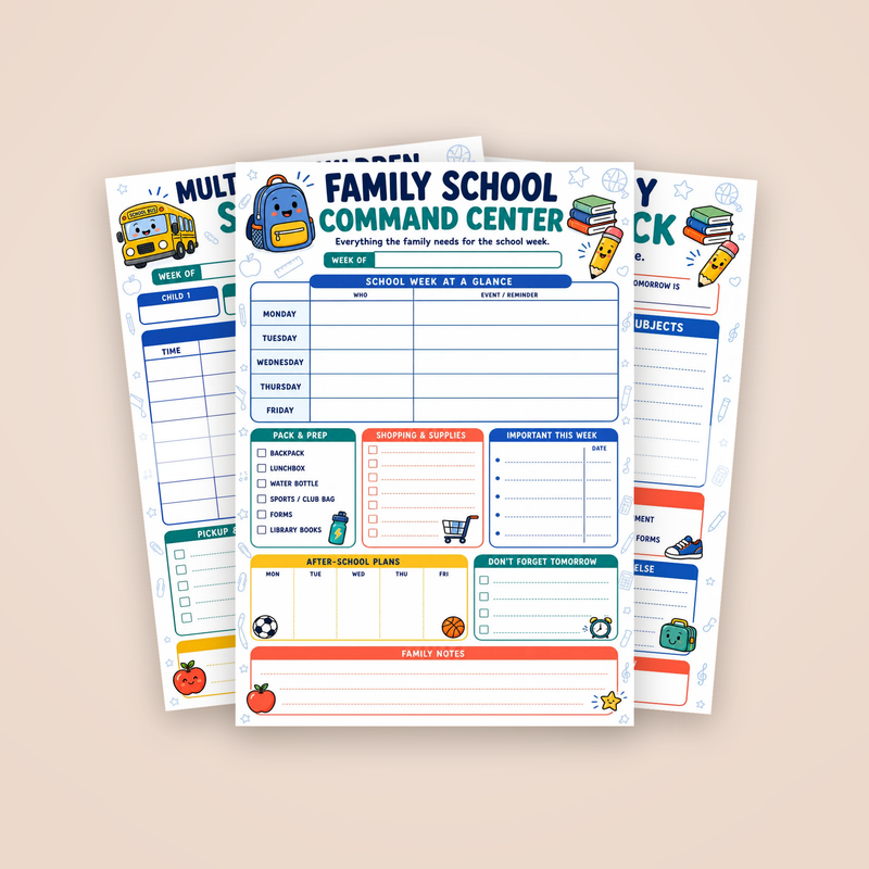 Back-to-School Essentials Organizer: the Family School Command Center page with two sample pages behind it