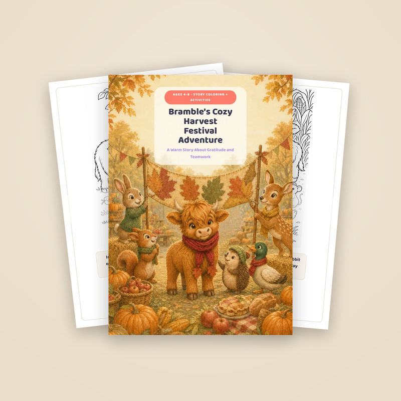 Cover of Bramble's Cozy Harvest Festival Adventure with two sample story pages fanned behind it