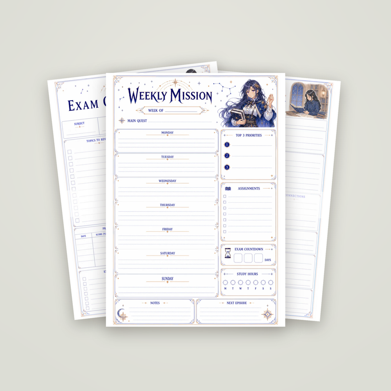Celestial Academy Study Planner: the Weekly Mission page with two sample pages behind it