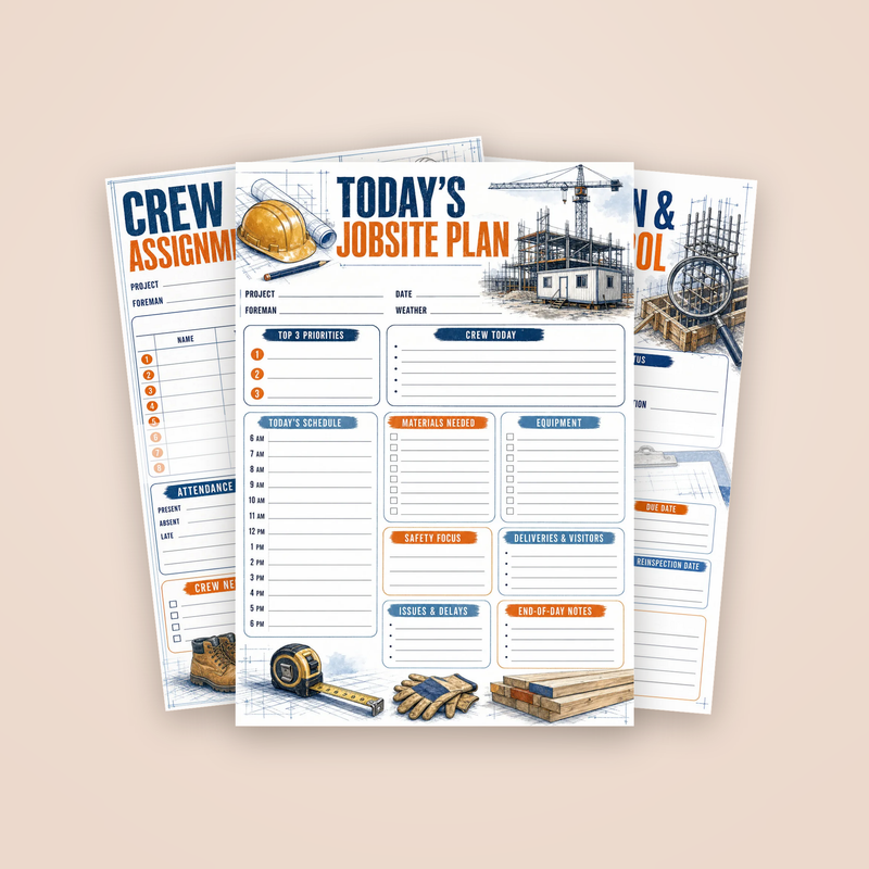Construction Jobsite Planner: the Today's Jobsite Plan page with two sample pages fanned behind it