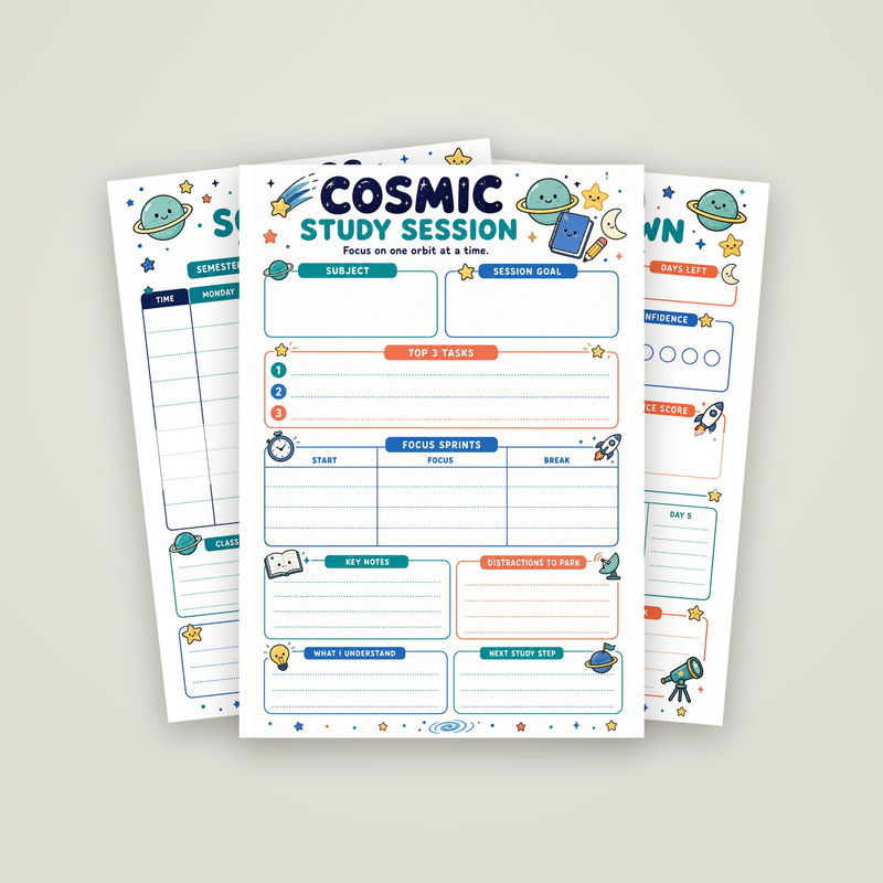 Cosmic Study Planner: the Cosmic Study Session page with two sample pages fanned behind it