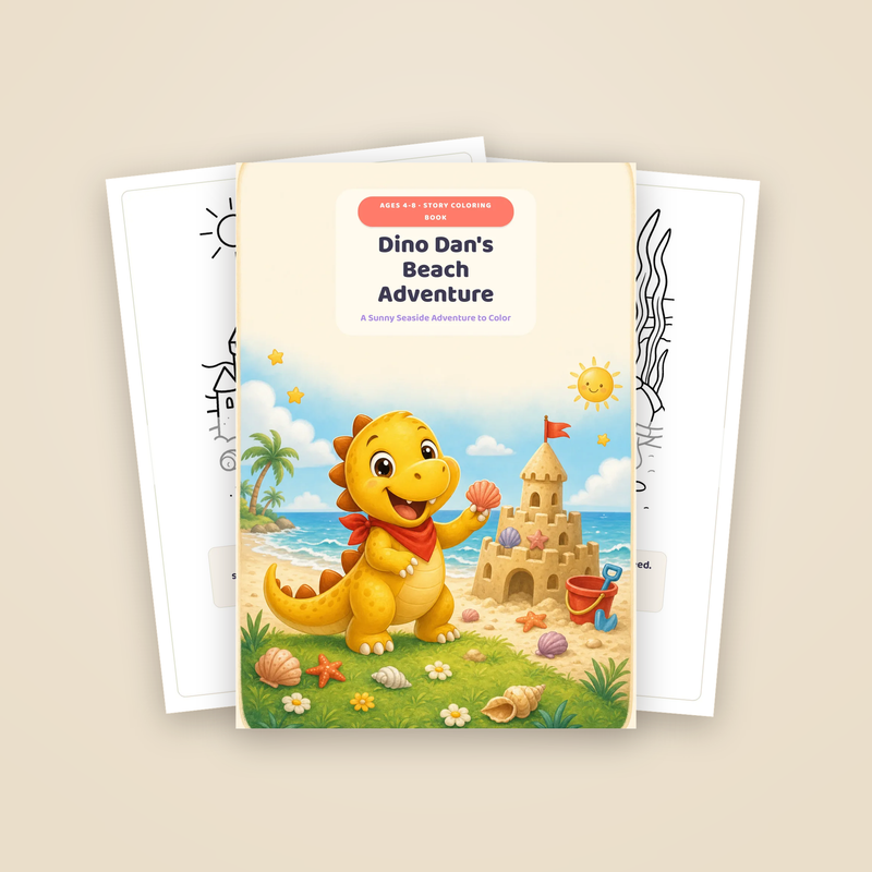 Cover of Dino Dan's Beach Adventure with two sample story pages fanned behind it