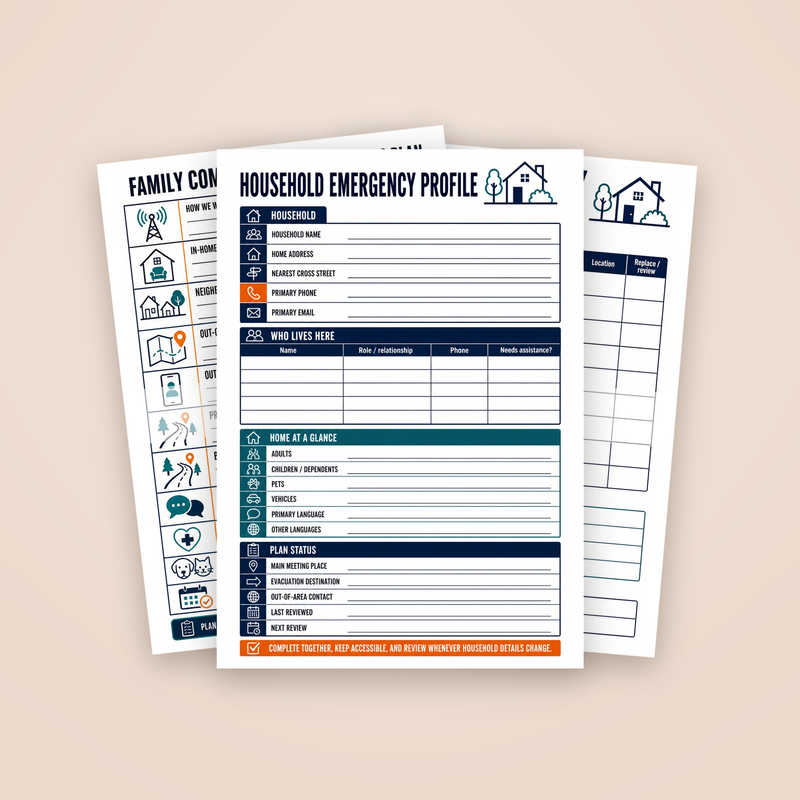 Family Emergency Action Binder: the Household Emergency Profile page with two sample pages behind it