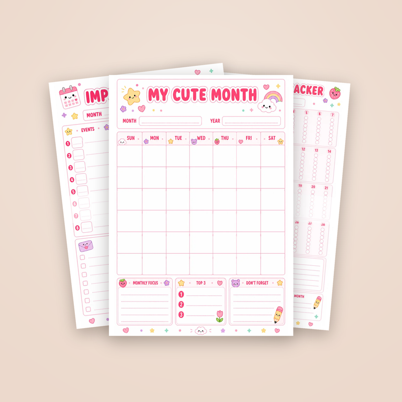 Kawaii Monthly Planner: the My Cute Month calendar page with two sample pages fanned behind it