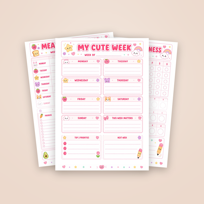 Kawaii Weekly Planner: the My Cute Week overview page with two sample pages fanned behind it