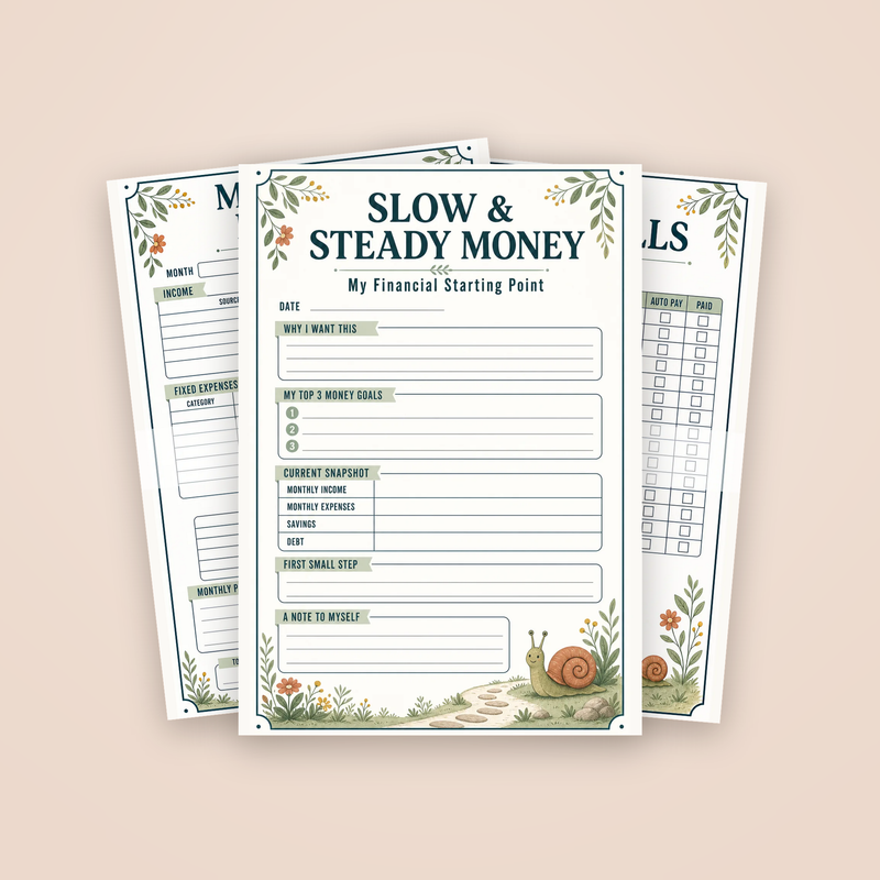 Slow & Steady Budget Planner: the Slow & Steady Money starting point page with two sample pages fanned behind it