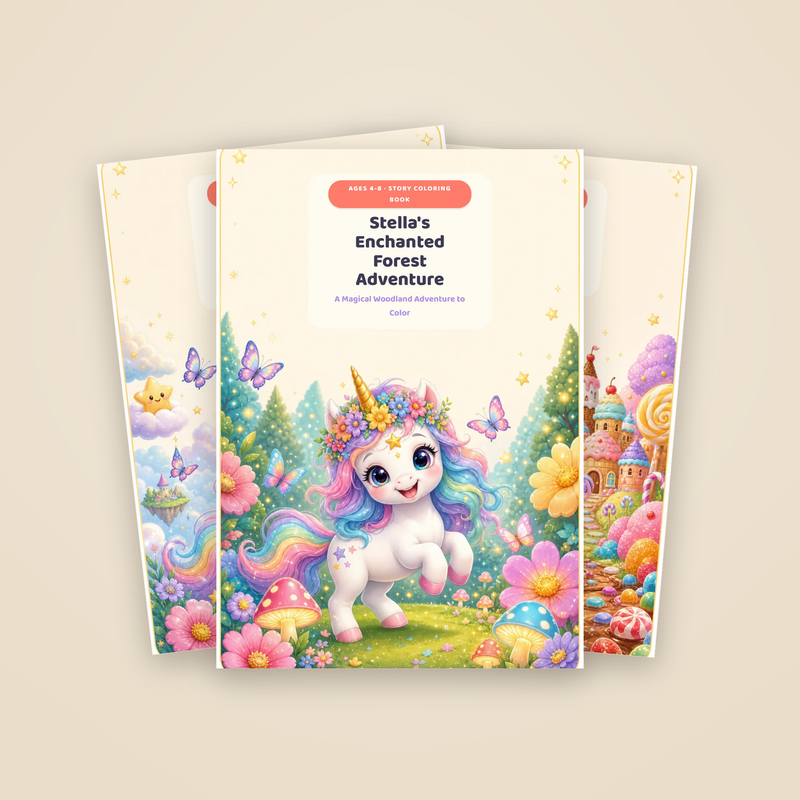 The three Stella's Unicorn Adventures book covers: Stella's Enchanted Forest Adventure, Stella's Rainbow Kingdom Adventure, Stella's Candy Kingdom Adventure