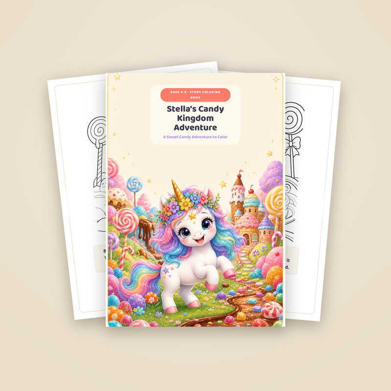 Cover of Stella's Candy Kingdom Adventure with two sample story pages fanned behind it