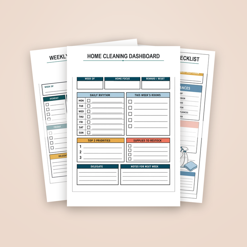 Whole Home Cleaning System: the Home Cleaning Dashboard page with two sample pages behind it